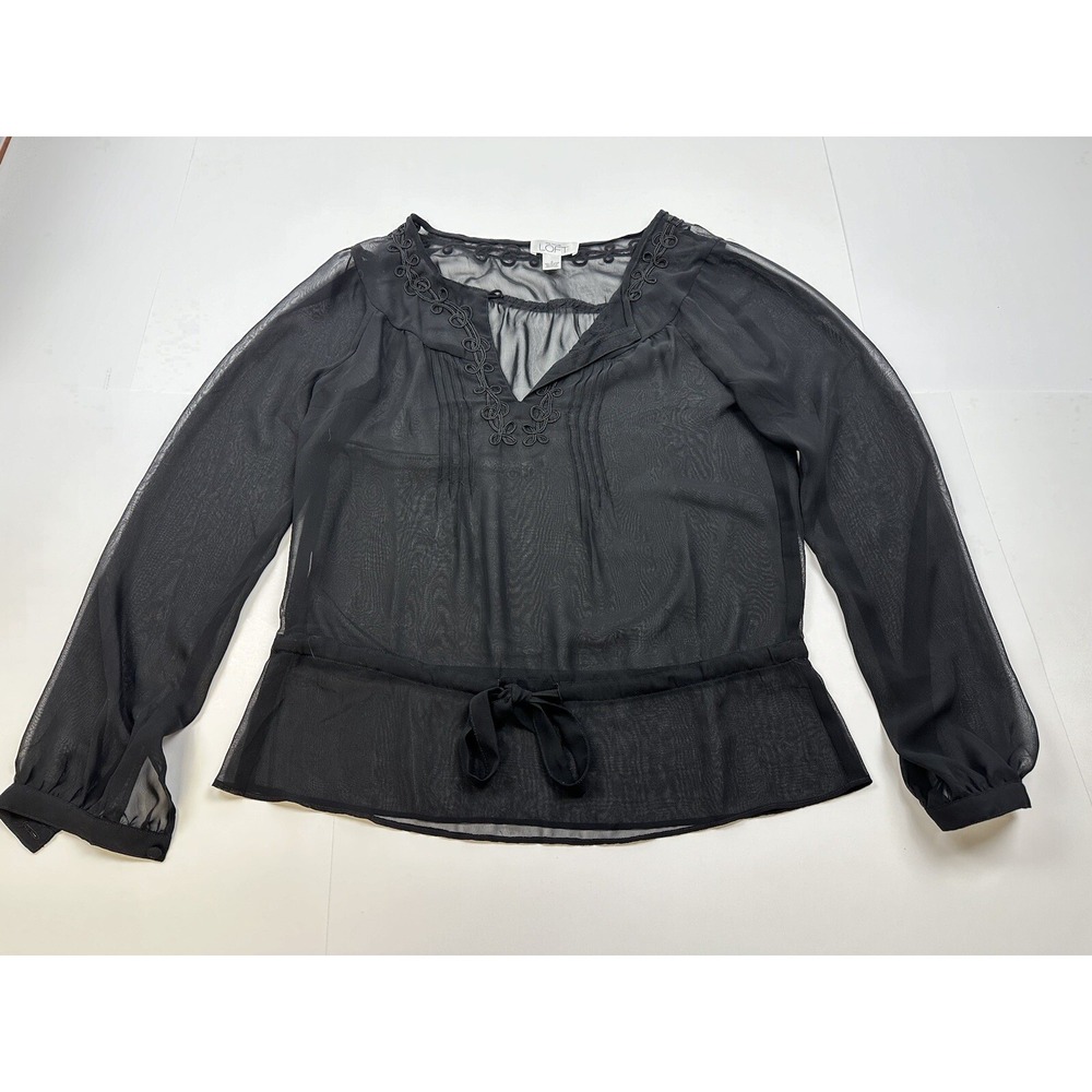 ANN TAYLOR Womens Size 0 Long Sleeve Black Button Down Sheer Blouse